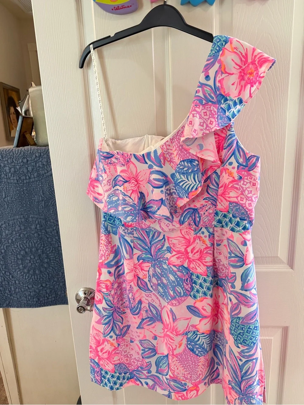 Lilly Pulitzer Pink Floral One-Shoulder Ruffle Shift Dress - Picture 8 of 10